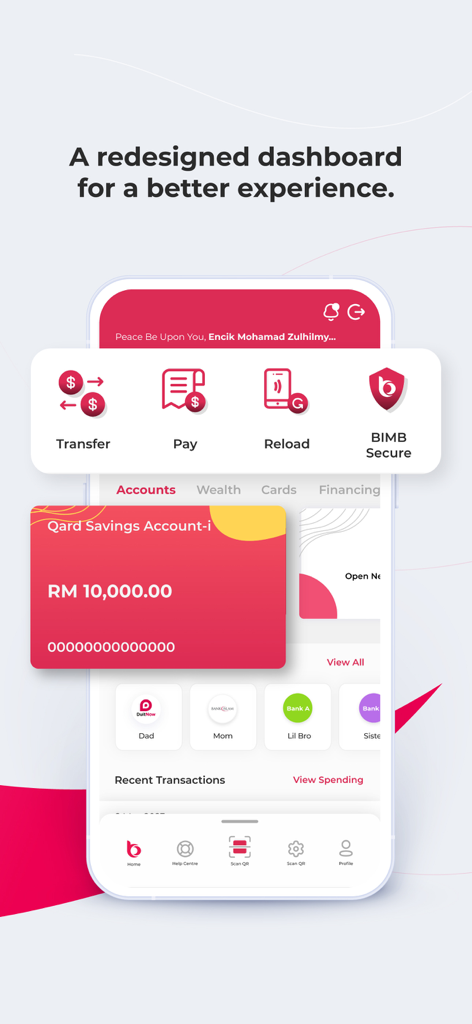 BIMB Mobile banking app dashboard showing savings account balance and quick transaction icons