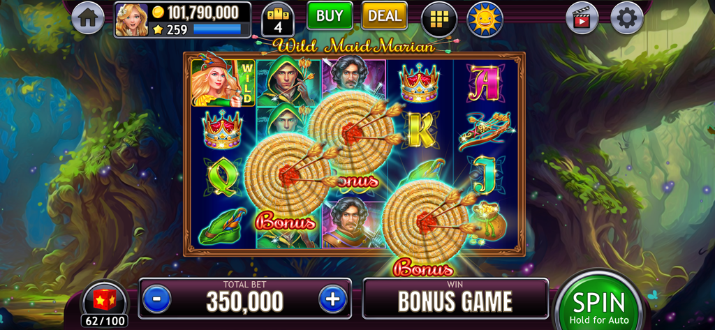 Slots of Luck Vegas Casino - Écran de machine à sous sur le thème Wild Maid Marian montrant un jeu bonus déclenché avec des symboles de cible