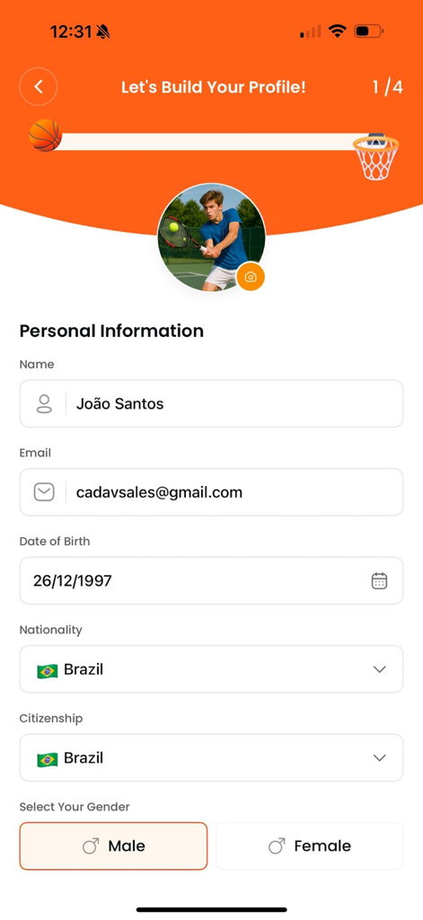 Bildschirm zur Einrichtung des Athletenprofils in der Sportex Athletics App mit Feldern für persönliche Informationen wie Name und Nationalität.