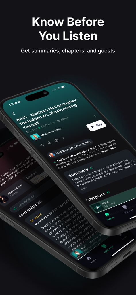 Snipd | AI Podcast Player - Interface of the Snipd app showing AI generated podcast summaries chapters and guest information on a smartphone