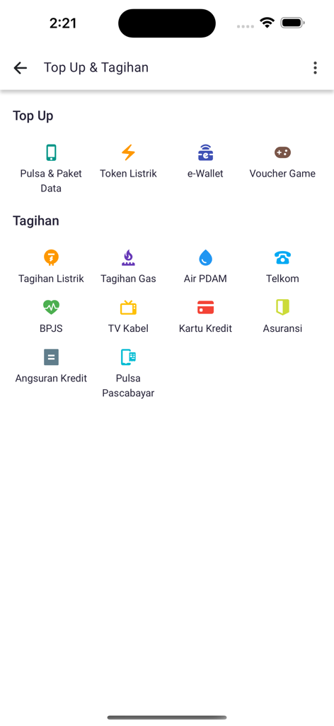 Darmawisata Indonesia - Top up and billing services screen in the Darmawisata Indonesia app showing various utility payment options.