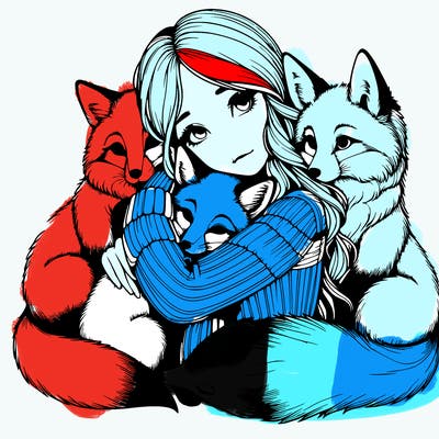 realistic, looking girl hugging, foxes