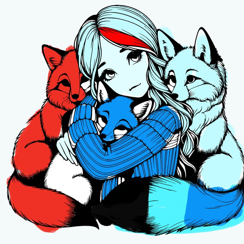 realistic, looking girl hugging, foxes