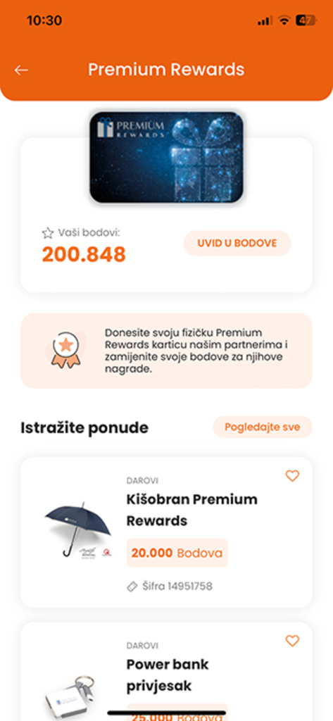 PBZ Card MyWay - PBZ Card MyWay app screen showing Premium Rewards points balance and catalog