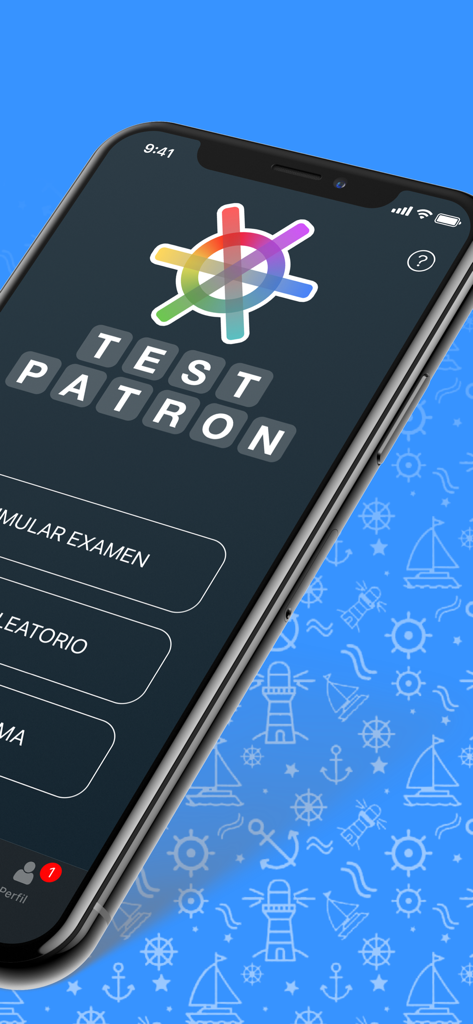 Interfaz de la aplicación Test Patron mostrando modos de estudio para el examen de licencia náutica en un smartphone