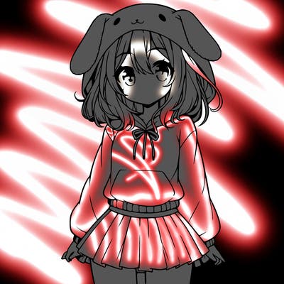 pretty anime girl wearing a fluffy hoodie with bunny ears on the hood and a skirt