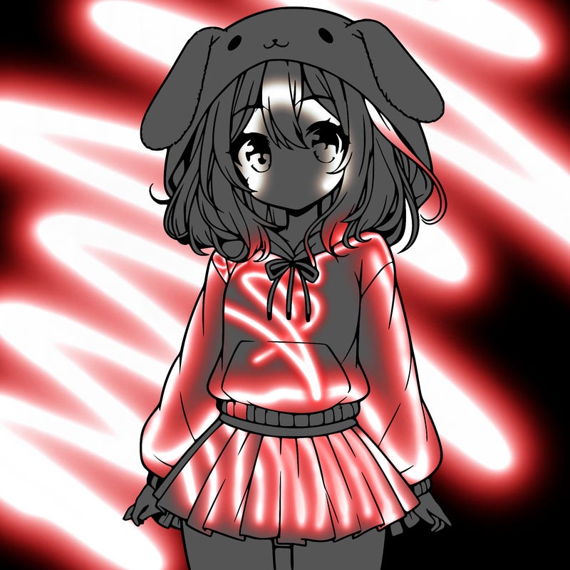 pretty anime girl wearing a fluffy hoodie with bunny ears on the hood and a skirt