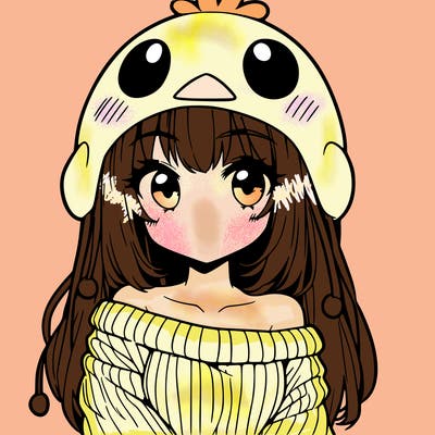 anime girl with chick shaped hat with sweater with bare shoulders with bangs covering them one eye with low tail