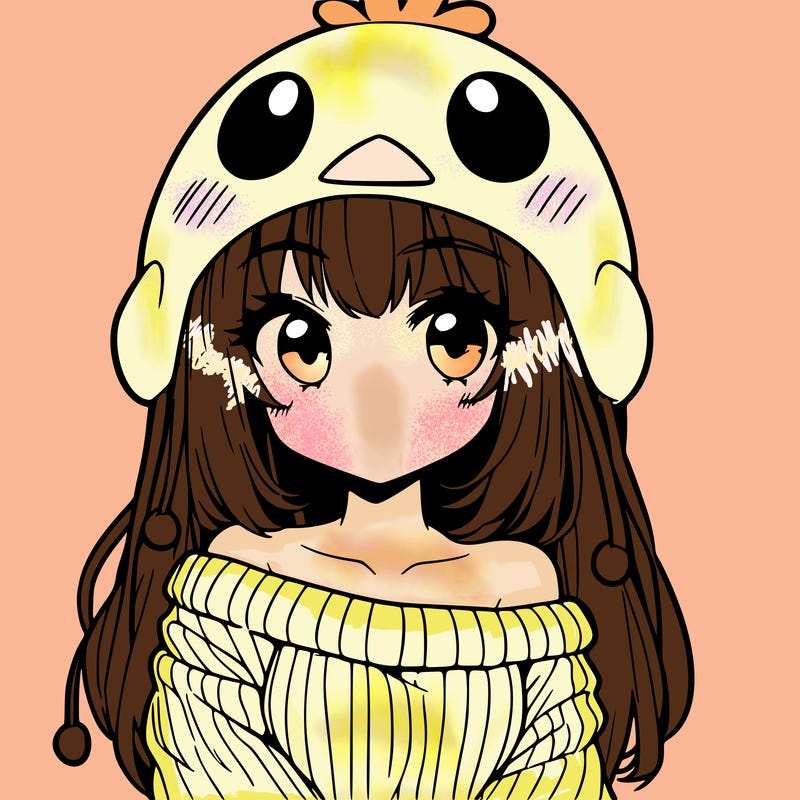 anime girl with chick shaped hat with sweater with bare shoulders with bangs covering them one eye with low tail