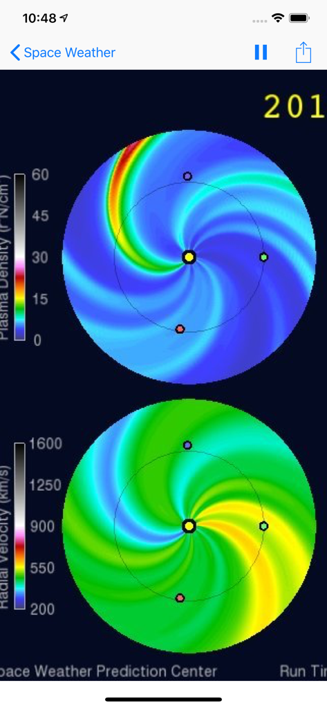Space weather charts showing plasma density and radial velocity