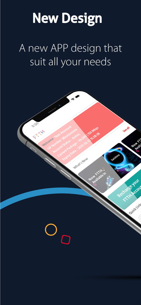 FTTH - Interface de l'application FTTH montrant un nouveau design avec l'état du compte et les détails du forfait internet