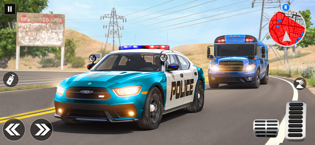 Police Car Games: Police Games - Un coche de policía con luces parpadeantes circulando por una autopista seguido por un autobús azul en un juego de simulación