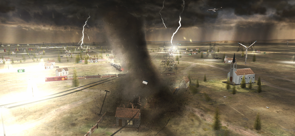 Tornado Alley - Rampage - A powerful tornado destroying a town with lightning and debris under a dark sky.