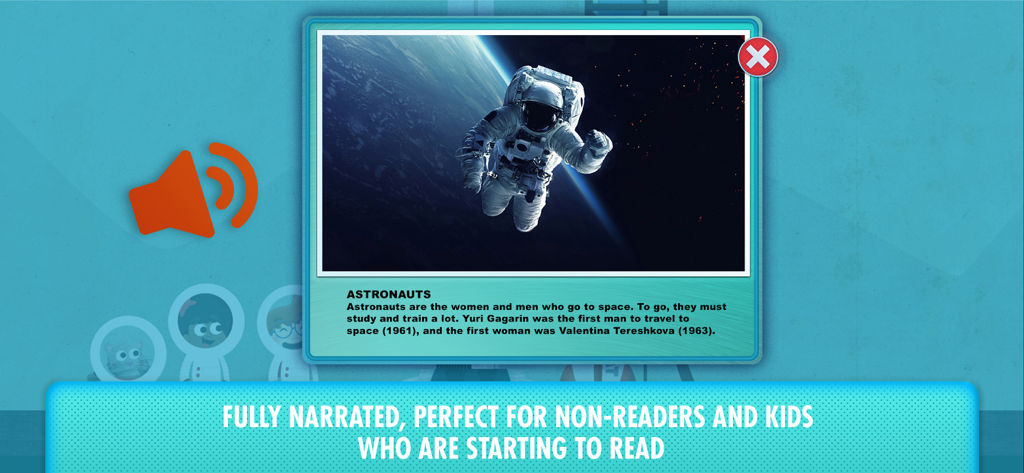 Educational screen about astronauts with a real photo and narrated text from the What's in Space app.