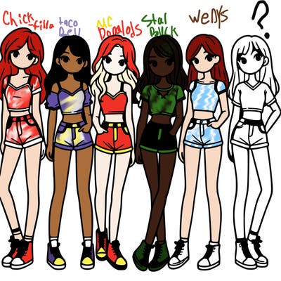 a group of girls wearing crop tops and shorts