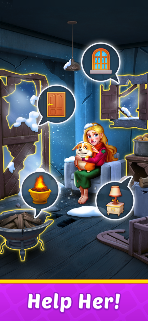 Fruit Diary 2: Match 3 Offline - A woman and her dog shivering in a cold room with repair options and a help her call to action