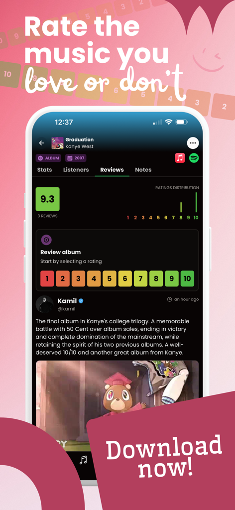 musicat: Music, Stats, Reviews - Mobile App-Oberfläche von musicat zeigt eine Albumrezension und Bewertung für Graduation von Kanye West.