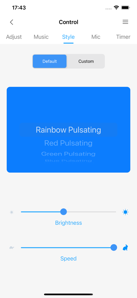 TechLife Pro - TechLife Pro app interface for controlling smart lighting styles with brightness and speed sliders