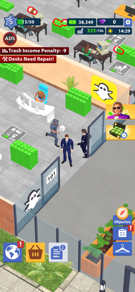 Office simulation gameplay with a CEO managing desks and stacks of money