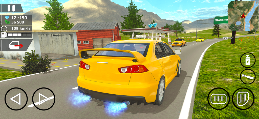 Helicopter Flying: Car Driving - A yellow sports car driving with blue nitro flames on an open world mountain road