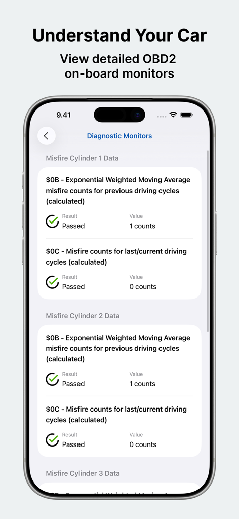Pantalla de la aplicación OBD Auto Doctor que muestra monitores de diagnóstico detallados para recuentos de fallos de encendido y datos de cilindros.