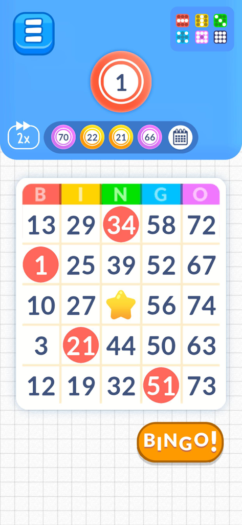 Pastimes - 30 Mini Games - A clean and colorful digital Bingo game interface with a marked 5x5 card and a large orange Bingo button