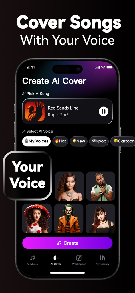 A mobile phone screen displaying the SingUp Music app interface for creating AI cover songs with various voice options.