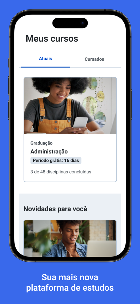 Captura de pantalla de la interfaz de la aplicación Anhanguera Aluno que muestra la sección Mis Cursos y un panel de estudiante.