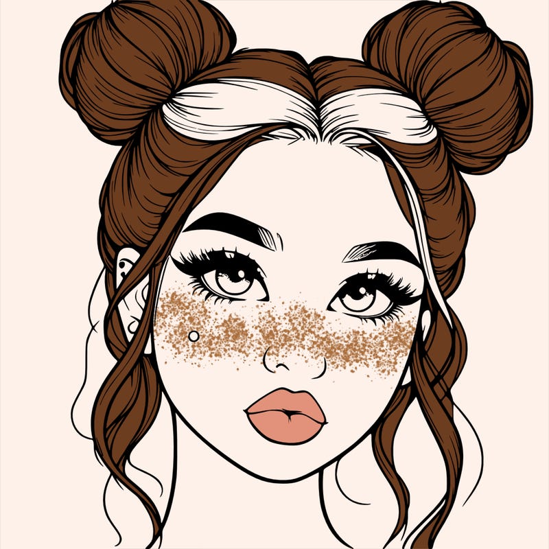 realistic girl with two buns on her hair and lips