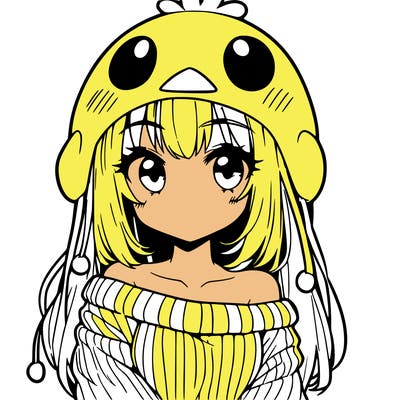 anime girl with chick shaped hat with sweater with bare shoulders with bangs covering them one eye with low tail