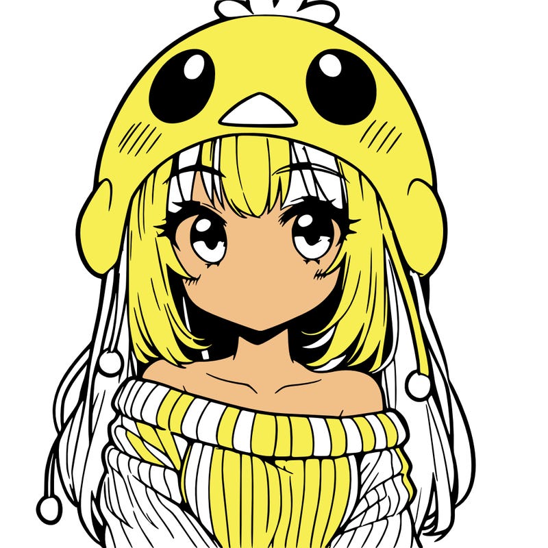 anime girl with chick shaped hat with sweater with bare shoulders with bangs covering them one eye with low tail