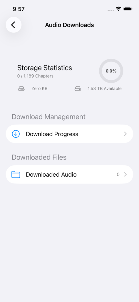Malay Audio Bible app storage statistics and download management screen