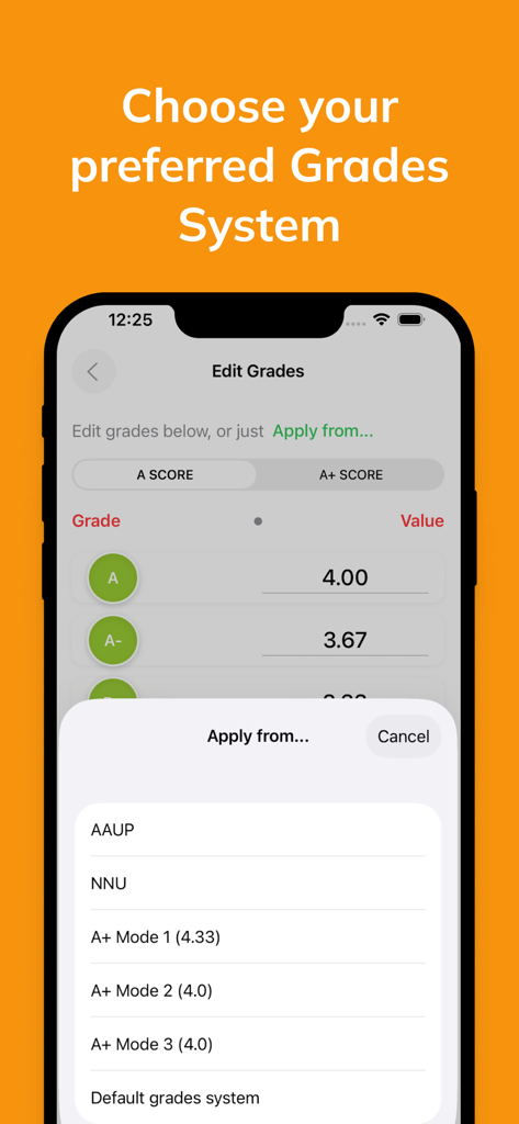 GPA Calculator - Sélection d'un système de notation préféré et modification des valeurs de notation dans l'application Calculateur de GPA