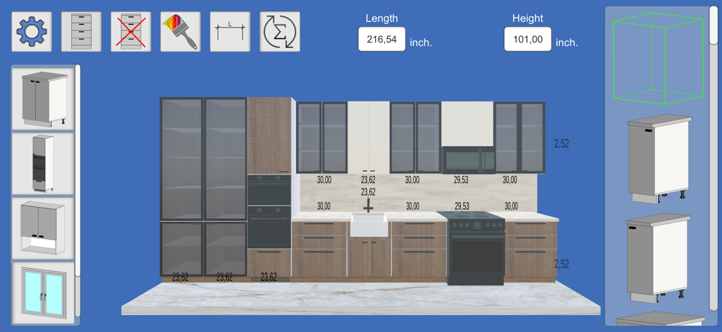 Kitchen Editor 3D app interface displaying a modular kitchen cabinet layout with measurements