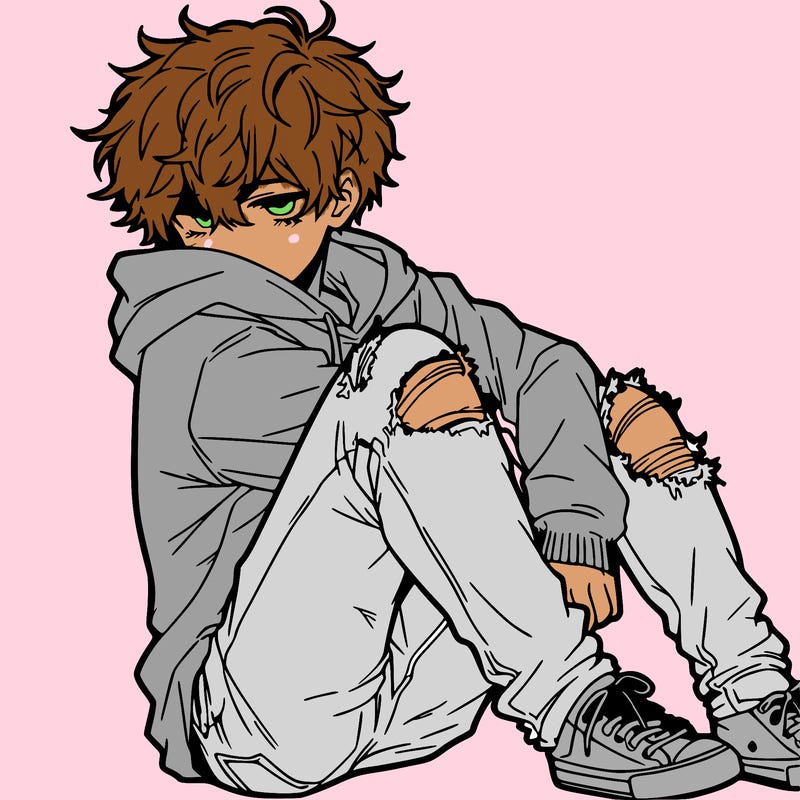 a male hoddie ripped jeans messy hair anime