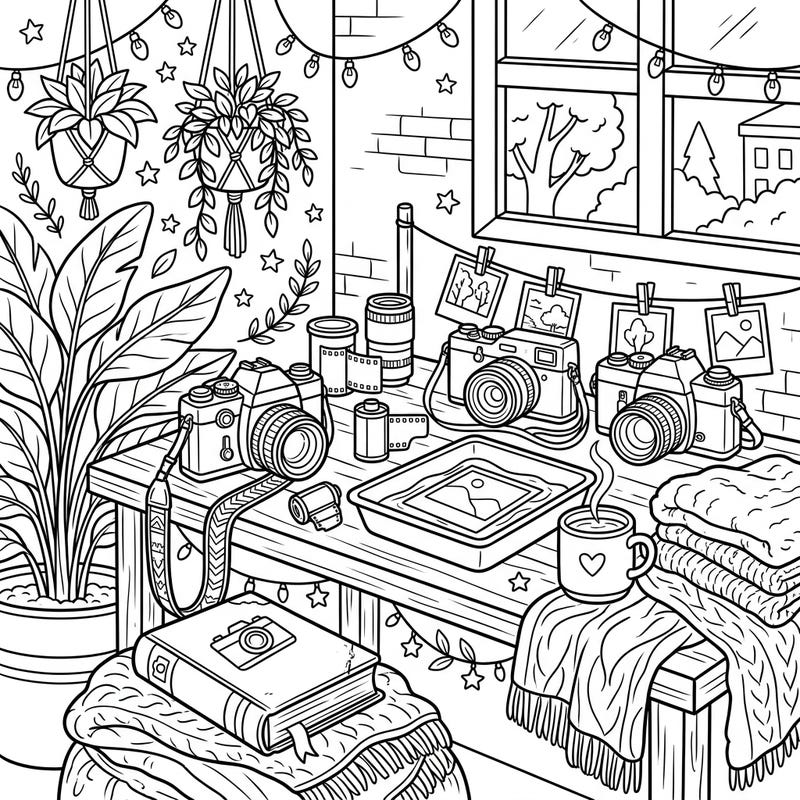Step into a world where creativity meets comfort with this intricate photography-themed coloring page. Immerse yourself in a cozy corner filled with vintage cameras, developing prints, and warm weekend essentials, ready for your artistic touch.
