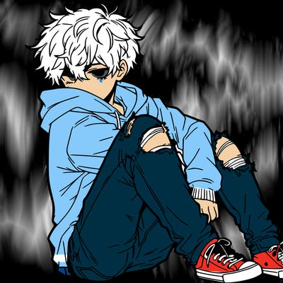 a male hoddie ripped jeans messy hair anime