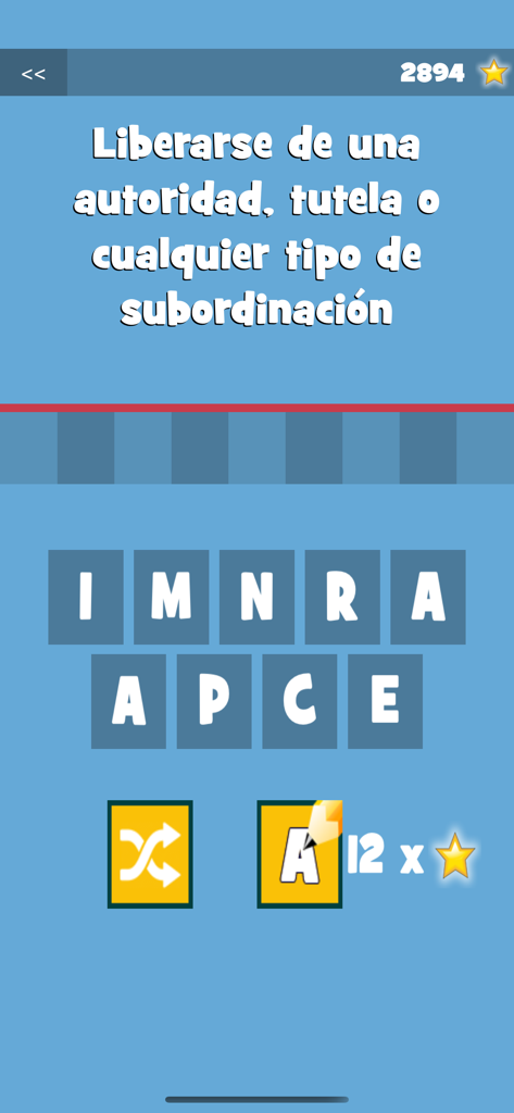 Palabra Correcta - La aplicación de idiomas españoles Palabra Correcta muestra una pantalla de juego de construcción de palabras con una definición y fichas de letras