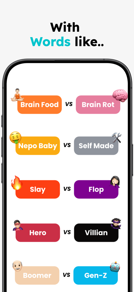 Mobile screen from Perfect Match Headsynch showing word pairs like Nepo Baby vs Self Made and Slay vs Flop