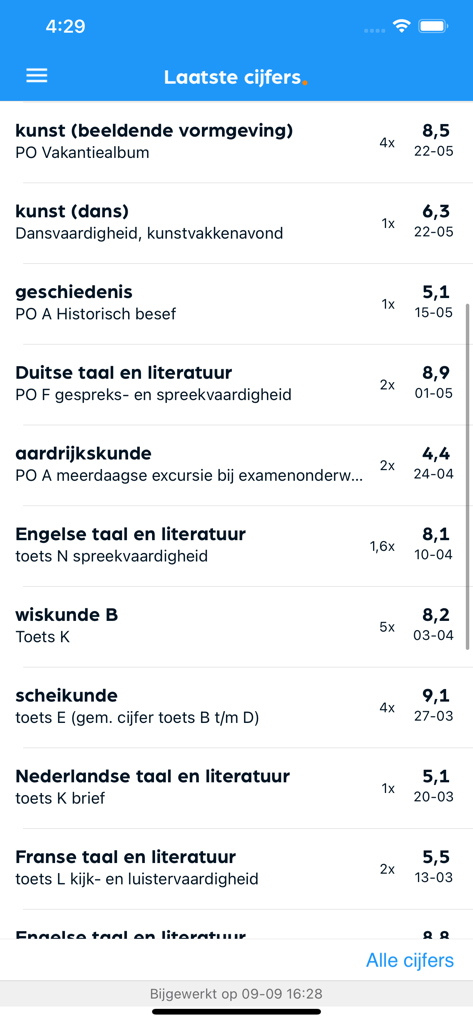 List of recent student grades for different school subjects in the Magister app