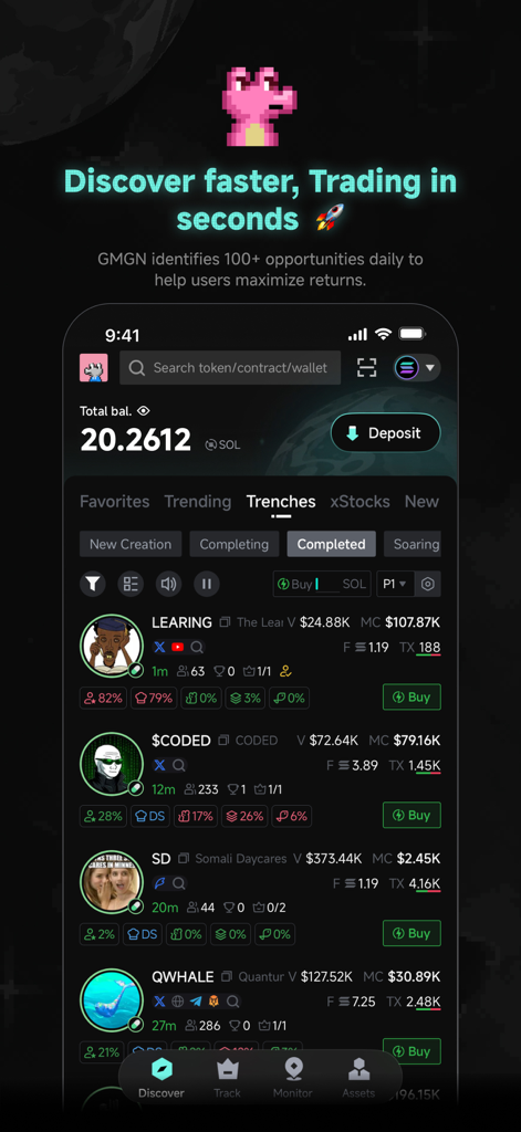 GMGN - Meme Track - Interface móvel do aplicativo GMGN mostrando descoberta de memecoins em tempo real e opções de negociação