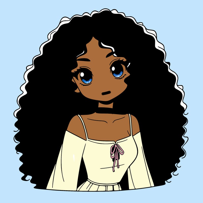 a black anime girl with long afro hair