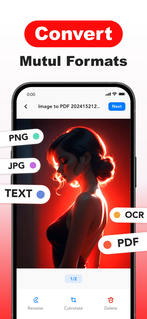 SVF PDF: OCR Scan Edit Reader - SVF PDF mobile app interface showing options to convert various formats like PNG JPG and TEXT into PDF using OCR.