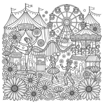 Immerse yourself in the magic of a bustling carnival framed by beautiful African daisies. This intricate coloring page offers a delightful escape into a world of circus tents, rides, and joyful performers.
