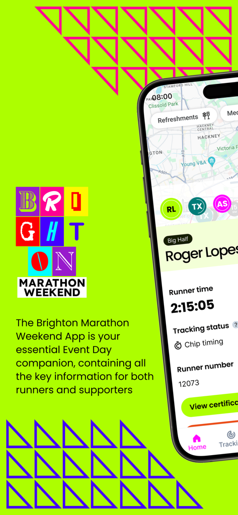 Brighton Marathon Weekend App-Oberfläche mit Live-Läuferverfolgung und Rennergebnissen auf einem mobilen Bildschirm