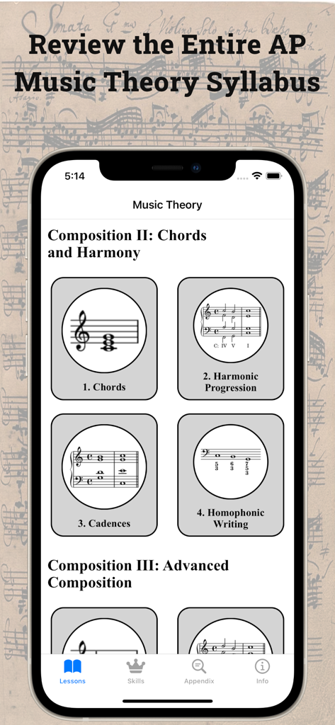 Music Theory 101: Study Course - Music Theory 101 app interface showing composition lessons on chords and harmonic progression for AP exam preparation