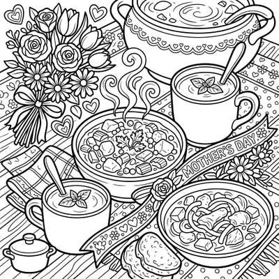 Delight Mom with this charming coloring page featuring a spread of comforting soups and stews, adorned with beautiful flowers and hearts. It's the perfect way to show your love and appreciation with a personalized, heartwarming gift.