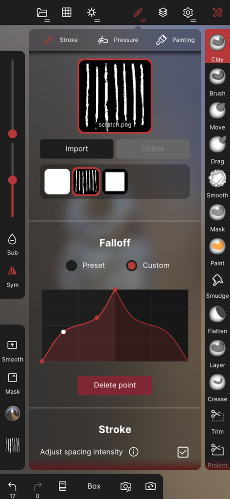 Interface of Nomad Sculpt showing stroke settings brush alpha and custom falloff curve.
