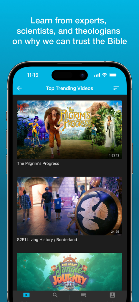 Answers.tv app interface showing top trending Christian and educational videos