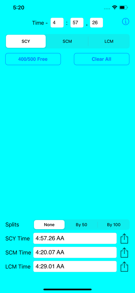 Swim Converter - Screenshot of Swim Converter app displaying converted swimming times for a 400 or 500 Freestyle event across three pool lengths.